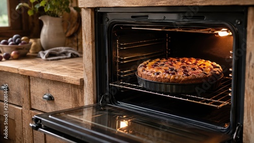 Homemade fruit pie baking in a rustic oven on a wooden farmhouse countertop, golden crust glowing under the oven light