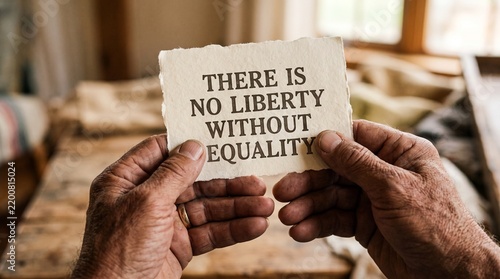 A piece of paper held by two hands with the message THERE IS NO LIBERTY WITHOUT EQUALITY written on it. The background appears to be a rustic wooden table with a window in the distance