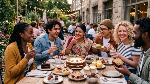 A diverse group of friends and family enjoying a delicious meal together outdoors at a long table laden with cakes, pastries, and other treats. String lights overhead add a festive atmosphere