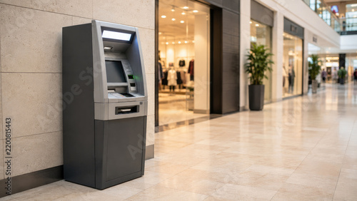 ATM cash machine in a modern shopping mall corridor beside stores, illuminated screen and keypad on tiled floor, contemporary indoor retail environment