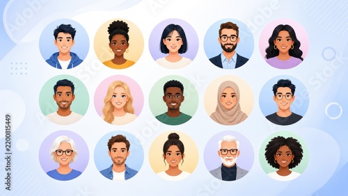 Set of 15 diverse circular avatar portraits in flat style, showing various ages, ethnicities, hairstyles and accessories on a soft pastel background