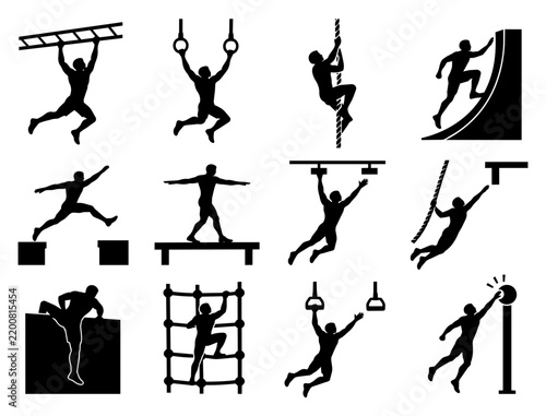 Ninja Obstacle Course Athletes and Actions Silhouette Icon Set