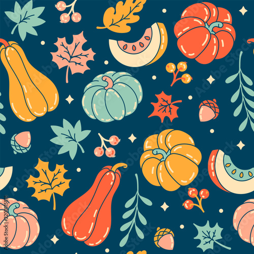 Dark vintage autumn botanical seamless pattern with pumpkins, foliage and leaves for wallpaper and seasonal decor.