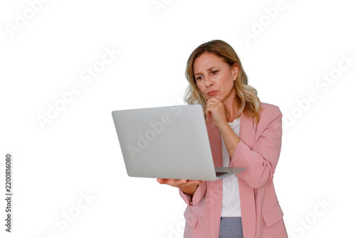 Businesswoman thinking, looking at laptop with confused expression, working on a problem, transparent background