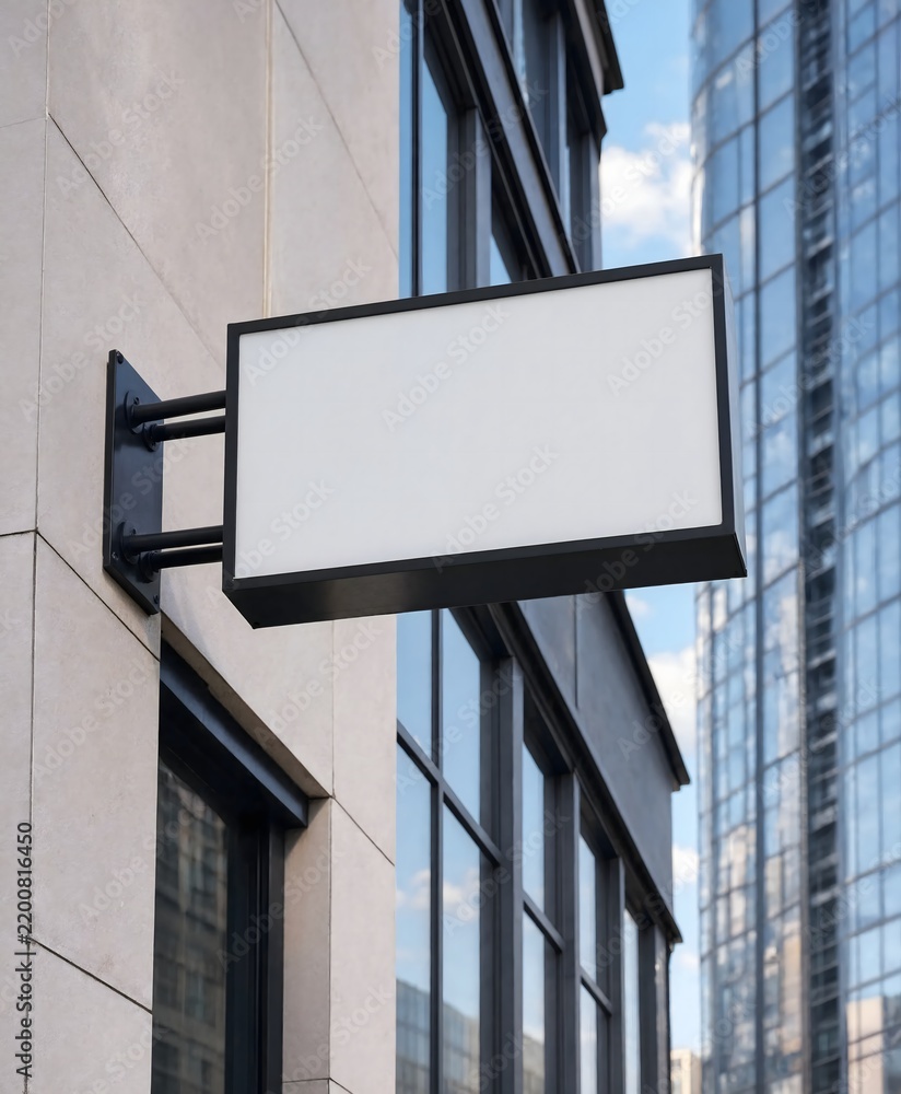 Fototapeta premium Blank Signboard on Building Facade: A clean, empty rectangular signboard is mounted on the exterior wall of a modern building, with a glass skyscraper reflecting the sky in the background.