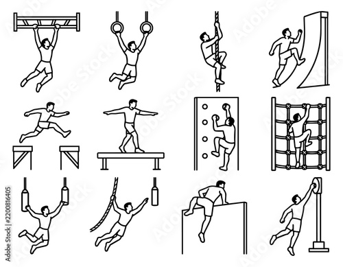 Ninja Obstacle Course Athlete Line Art Icon Set