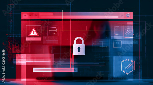 Abstract digital security illustration featuring a white lock, warning symbol, and protective shield within a layered red and blue browser interface.