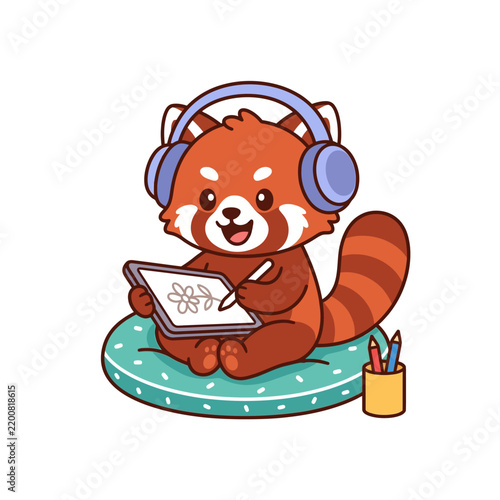 Cute cartoon red panda wearing headphones, drawing on a digital tablet with a stylus while sitting on a cushion.