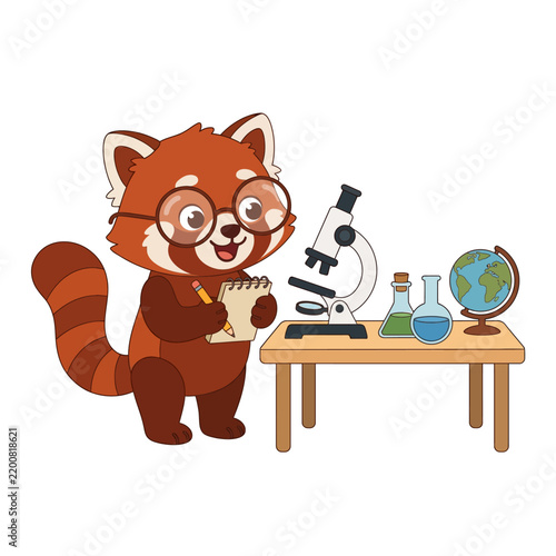 Cute red panda scientist character with glasses holding a pencil and notebook, standing next to a table with a microscope, beakers, and a globe.