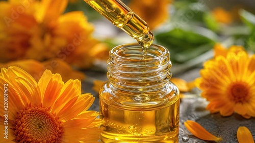 Golden calendula oil in a glass dropper bottle surrounded by bright orange calendula flowers and petals