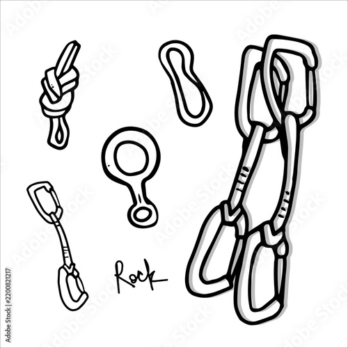 Set climbing equipment and accessories depicting various elements rock climbing including belay device figure-eight quickdraw knot