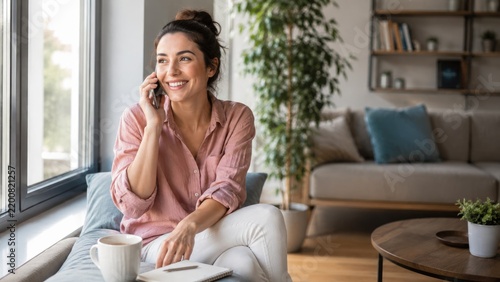 Smiling young woman talking on a smartphone while seated by a sunny window in a cozy living room with coffee and a notebook