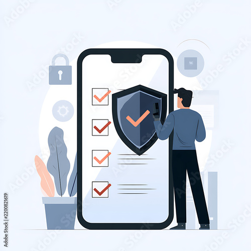 Illustration of a man beside a giant mobile phone displaying completed security checks and a protective shield, representing digital safety and verification.