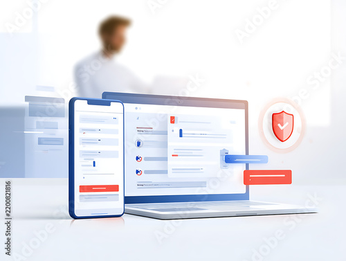 A computer and mobile phone display digital interfaces beside a red protective shield, representing secure access and data protection in a bright office setting.