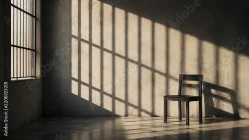 A single wooden chair bathed in strong sunlight, casting long barred window shadows across a stark concrete room evoking solitude and dramatic mood