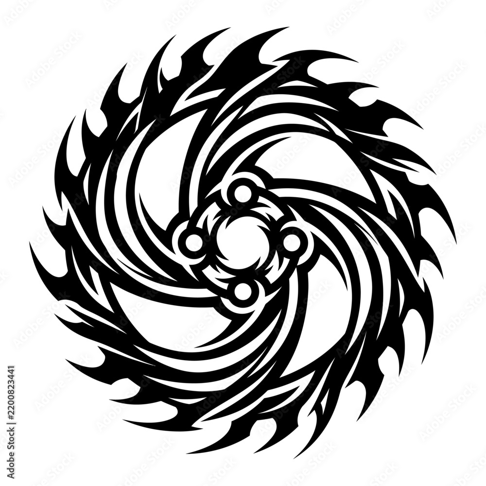 Fototapeta premium Abstract Tribal Circular Vortex Design, Black and White Jagged Swirl Vector Illustration for Tattoos and Decals