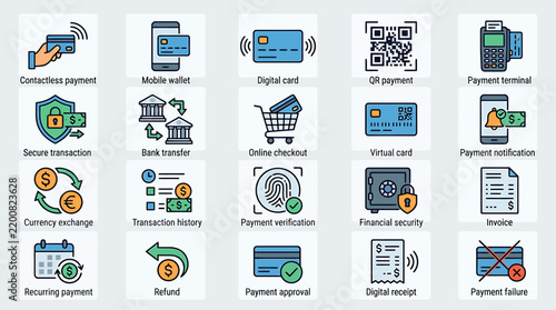 Collection of various modern digital payment and financial transaction icons set