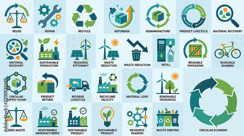 Illustrated icons representing various circular economy and sustainability concepts
