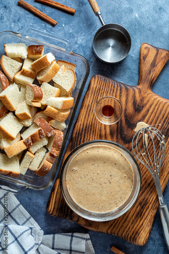 A custard mixture ready to be poured onto bread for French toast.
