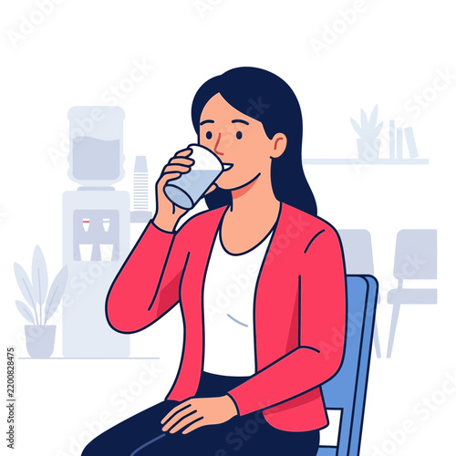 Woman drinking water from a dispenser in an office waiting area, vector illustration