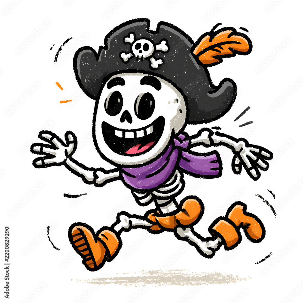 Naklejka premium Cute cartoon skeleton pirate character running with a smile