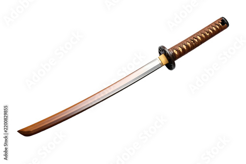Katana sword with wooden blade and traditional leather wrapped handle representing ancient Japanese martial arts and historical weapon craftsmanship
