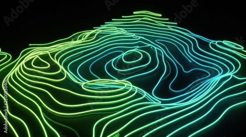 Green topographic neon lines on black background.