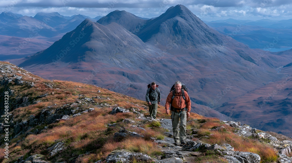 Fototapeta premium Two male hikers with backpacks walking on a rocky mountain path with dramatic autumn colors and distant peaks in the Scottish Highlands