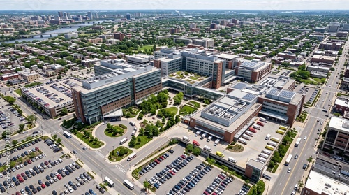 Aerial View of a Modern Hospital Complex with Parking Lots and Surrounding Cityscape