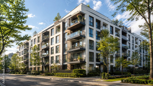 Sunlit modern mid-rise apartment building with balconies, glass facades, terraces, street trees and landscaped greenery