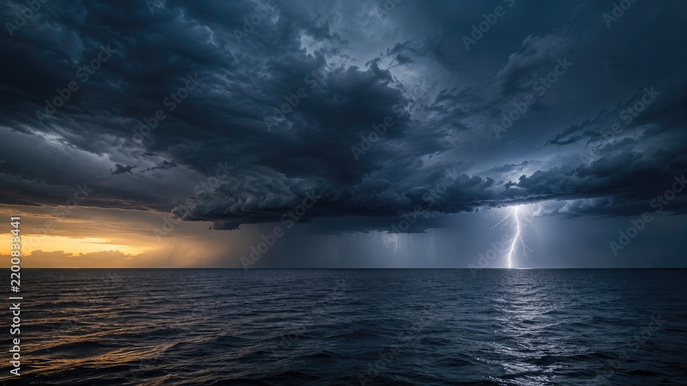 Fototapeta premium Dramatic ocean storm with dark shelf cloud, lightning strike and golden sunset on the distant horizon