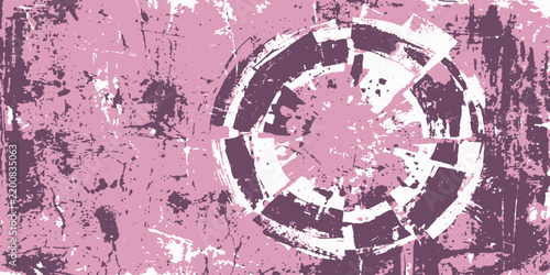 Фотография Abstract Geometric Design A cracked abstract circular motif in shades of purple and white set against a textured, distressed pink background, evoking a sense of fragmentation and decay