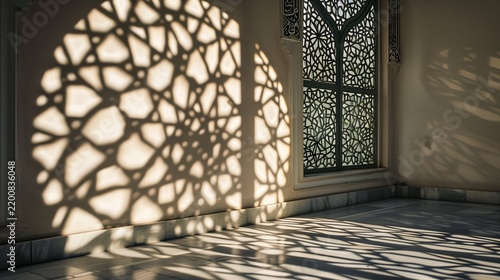 Window light forming Islamic pattern shadow on wall, serene mood.