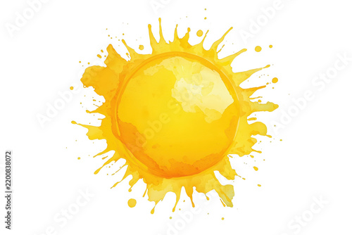 Round yellow paint sun surrounded by energetic splash droplets