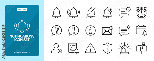 Notifications line icon set with bell, message, alarm, mail, calendar, warning, security alert, siren, and mailbox symbols