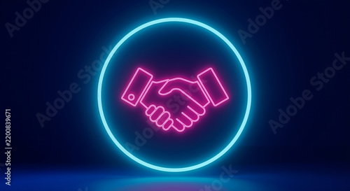 Neon handshake icon glowing pink inside blue circular frame on dark studio background representing business partnership agreement