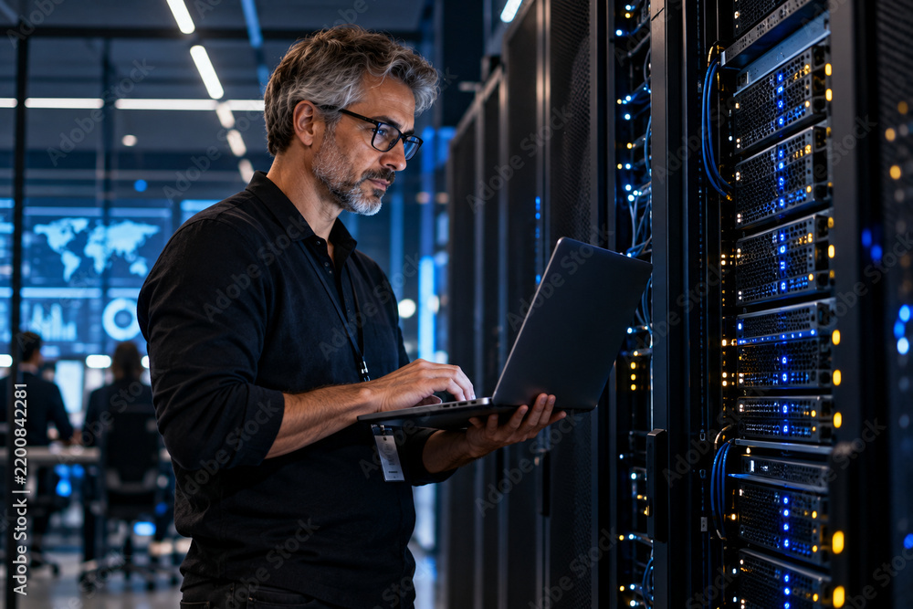 Fototapeta premium IT engineer working with AI servers in modern data center