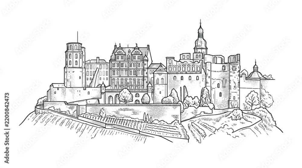 Obraz premium Heidelberg Castle Outline Drawing Isolated Transparent Background Vector Sketch Art
