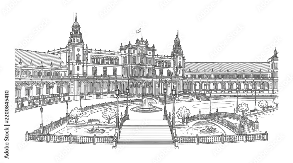 Obraz premium Detailed vector illustration of the historic Plaza de Espana featuring elegant architectural arches and bridges