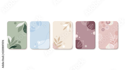 Set of five abstract vertical banners with organic shapes and botanical elements in pastel colors