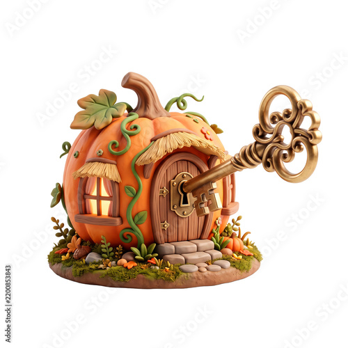 Whimsical autumn pumpkin house with a large ornate golden key in the door and glowing windows PNG Isolated on transparent background