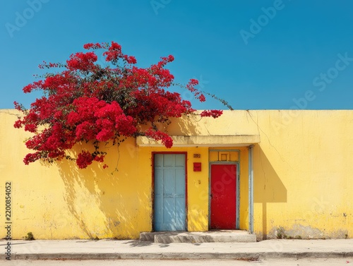 Vibrant yellow wall, a vibrant pink bougainvillea, and colorful doors under bright blue sky