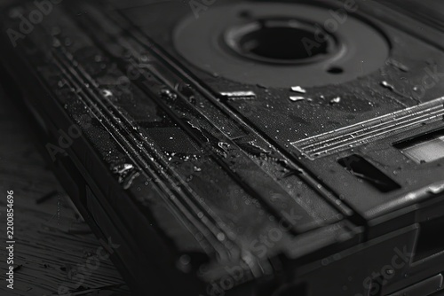 Vintage cassette tape close-up, damaged, on table. Music, retro, audio stock photo