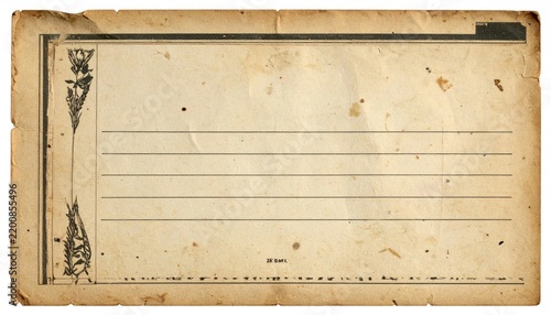 Vintage, stained paper slip with lines, and decorative edge pattern, aged appearance