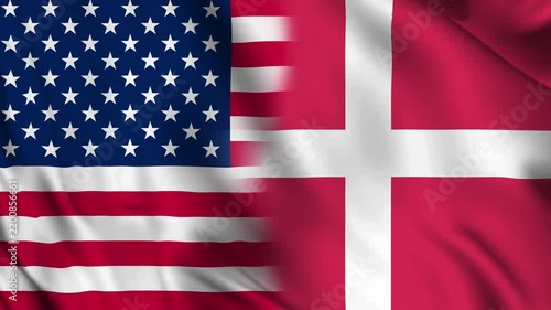 Split screen composition of the United States flag and the Danish flag as rippling fabric, merged through a soft blurred blend where the two designs meet.