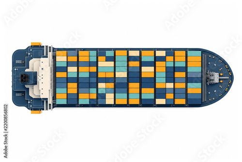 Top down view of a container ship deck grid filled with colored boxes