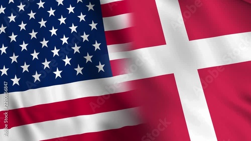 Angled close-up of the Danish and American flags as textured cloth, joined by a horizontal streak blend between the red stripes and the white Nordic cross.