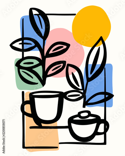 Abstract plant and cup against backdrop of abstract shapes