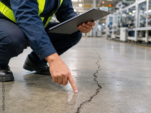 A worker in safety gear inspects a long crack in a concrete industrial facility factory floor.