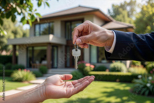 A realtor in a suit hands over a metal house key to a client in front of a modern suburban home.